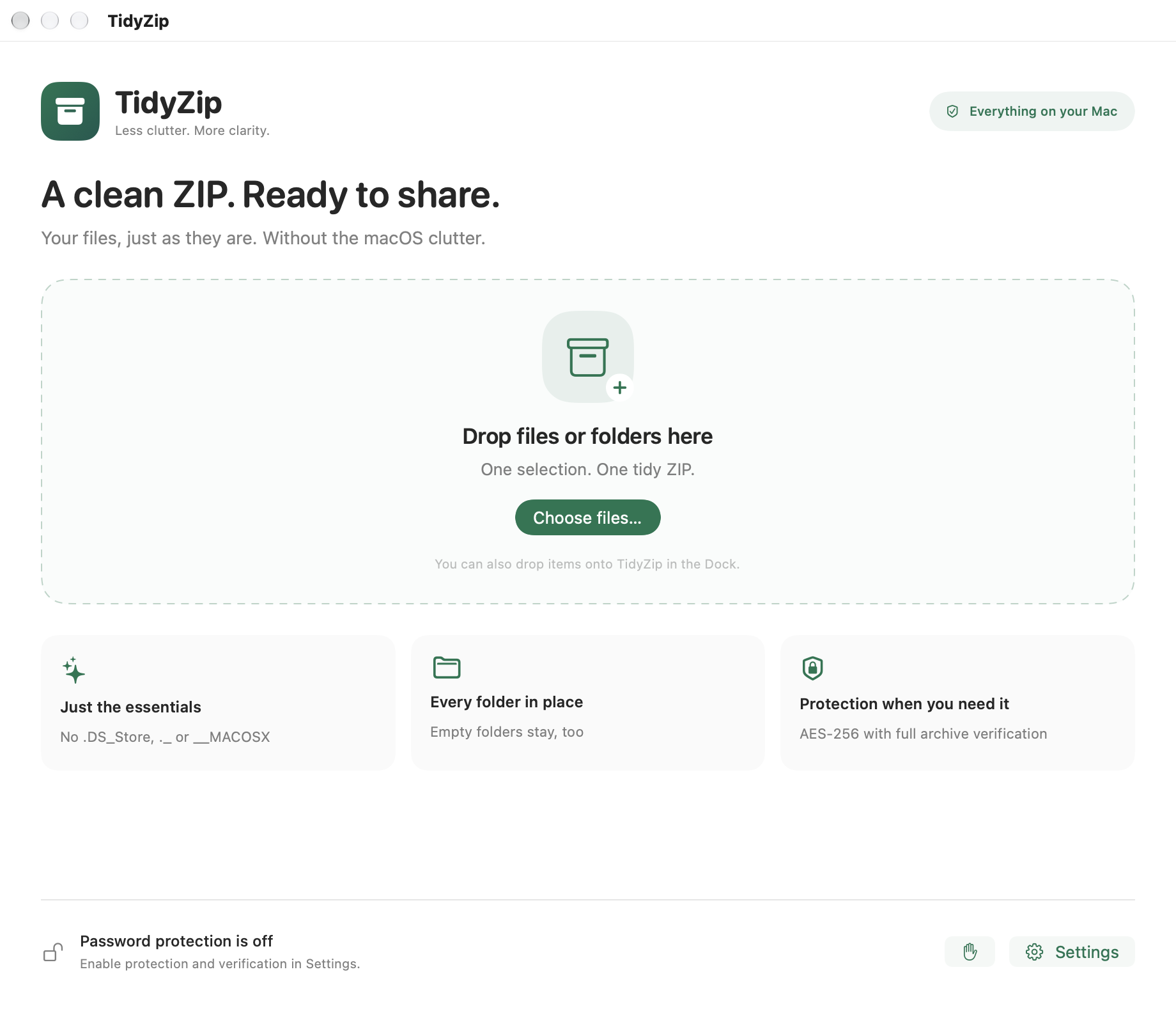 TidyZip main window with a drop area and local archive options