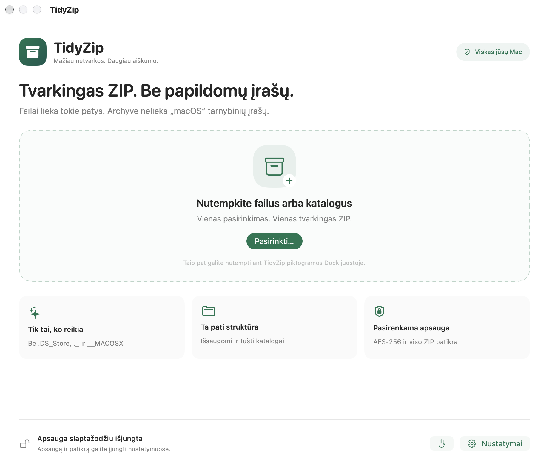 TidyZip pagrindinis langas su failų nutempimo sritimi